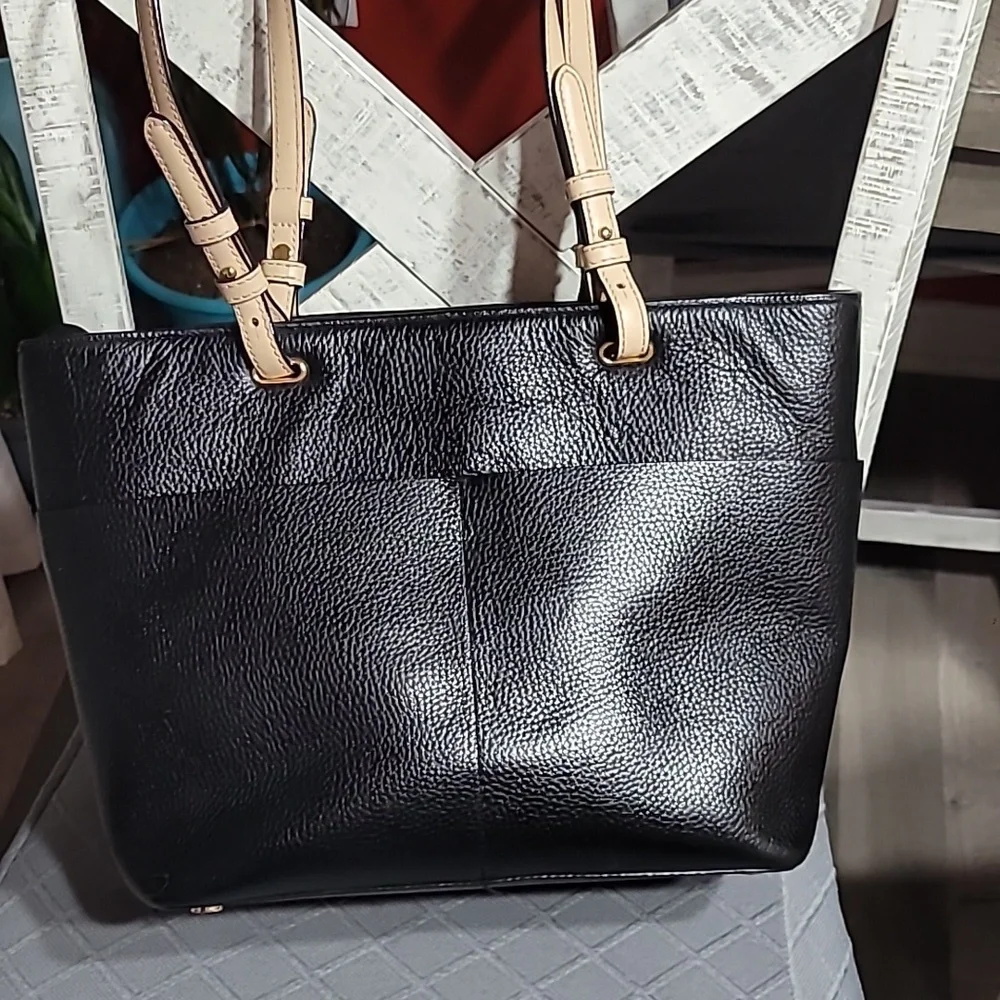 NWT Michael Kor Bedford Medium Black Peeble Tote Bag Cream Handles - Picture 13 of 13